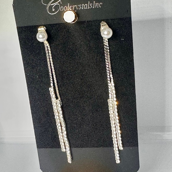 Silver Crystal Pearl Tassel Drop Earrings Long Rhinestone Bridal Prom - Picture 4 of 13